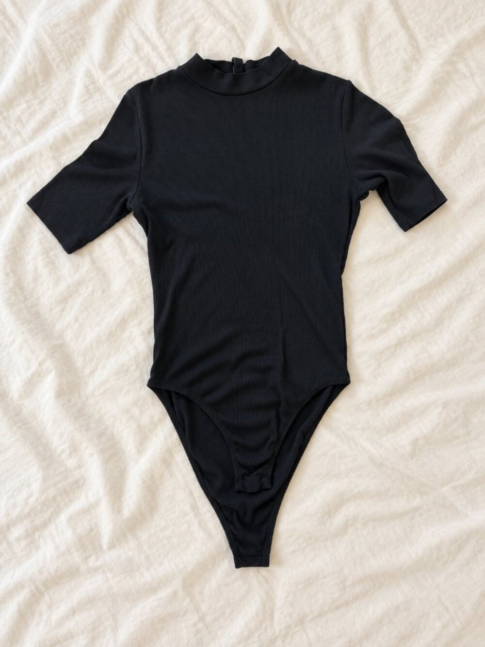 Black Ribbed Mock Neck Short Sleeve Bodysuit